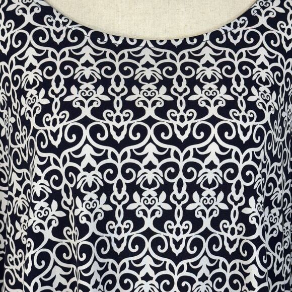 Dressbarn 3X-Large Top Geometric Stretch 3/4 Bell Sleeve Boat Neck Zip Navy Blue - Picture 2 of 10